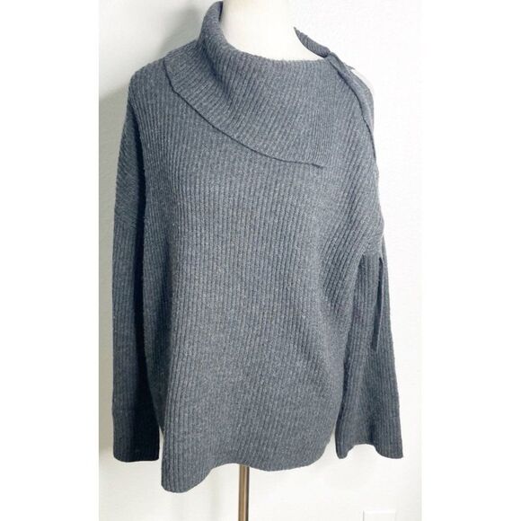 AllSaints Sura Tie Neck Open Shoulder Wool Blend Dark Grey Sweater Medium - Picture 2 of 6